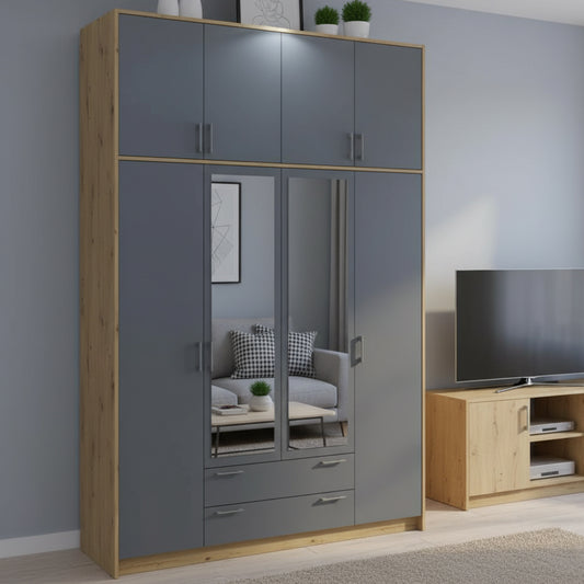 Шкаф для одежды Doros Ронди с высокой антресолью и зеркалом Дуб Артизан/Графит 4 ДСП 160х52х260 (DRS-011879)