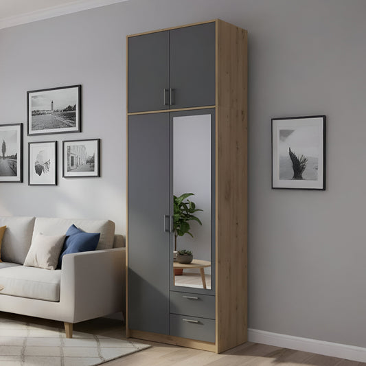 Шкаф для одежды Doros Ронди с высокой антресолью и зеркалом Дуб Артизан/Графит 2 ДСП 82х52х260 (DRS-011871)