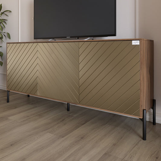 Тумба под телевизор с черными металлическими ножками LION Амарант 168x40x76,5 см Дуб Ливорно/Перламутровый металлик (RAL-7048) 1680x400x765 (LION-043035)