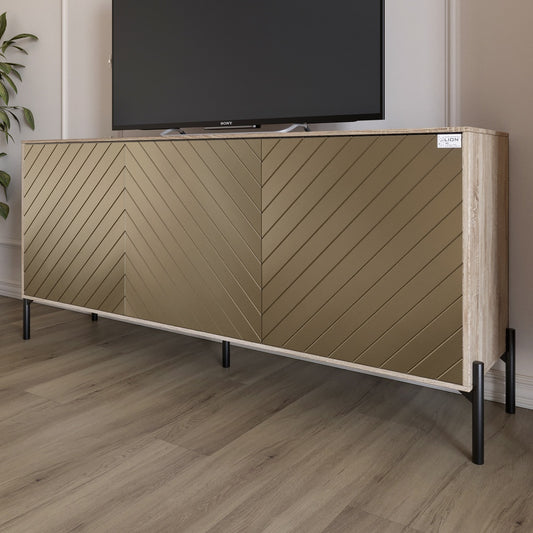 Тумба под телевизор с черными металлическими ножками LION Амарант 168x40x76,5 см Дуб сонома/Перламутровый металлик (RAL-7048) 1680x400x765 (LION-043036)