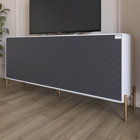 Тумба под телевизор с золотыми металлическими ножками LION Амарант 168x40x76,5 см Нимфея Альба (белый)/Графитовый (LION-043091)