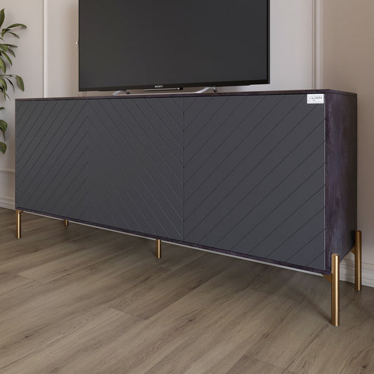 Тумба под телевизор с золотыми металлическими ножками LION Амарант 168x40x76,5 см Бетон темный/Графитовый (LION-043090)