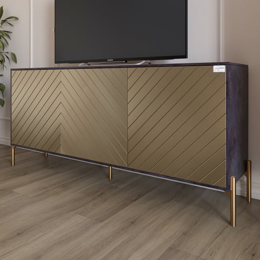 Тумба под телевизор с золотыми металлическими ножками LION Амарант 168x40x76,5 см Бетон темный/Перламутровый металлик (RAL-7048) 1680x400x765 (LION-043061)