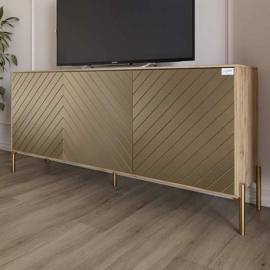 Тумба под телевизор с золотыми металлическими ножками LION Амарант 168x40x76,5 см Дуб Аппалачи/Перламутровый металлик (RAL-7048) 1680x400x765 (LION-043049)