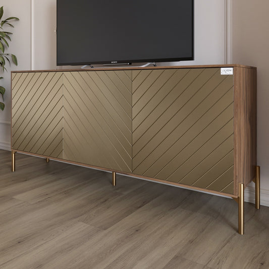 Тумба под телевизор с золотыми металлическими ножками LION Амарант 168x40x76,5 см Дуб Ливорно/Перламутровый металлик (RAL-7048) 1680x400x765 (LION-043051)