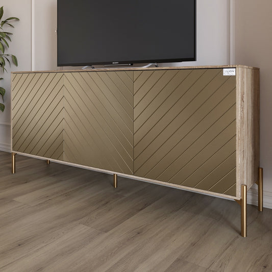 Тумба под телевизор с золотыми металлическими ножками LION Амарант 168x40x76,5 см Дуб сонома трюфель/Перламутровый металлик (RAL-7048) 1680x400x765 (LION-043053)