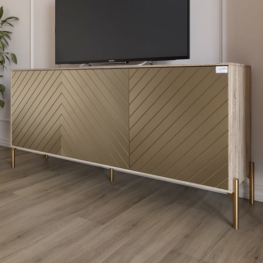 Тумба под телевизор с золотыми металлическими ножками LION Амарант 168x40x76,5 см Дуб сонома/Перламутровый металлик (RAL-7048) 1680x400x765 (LION-043052)