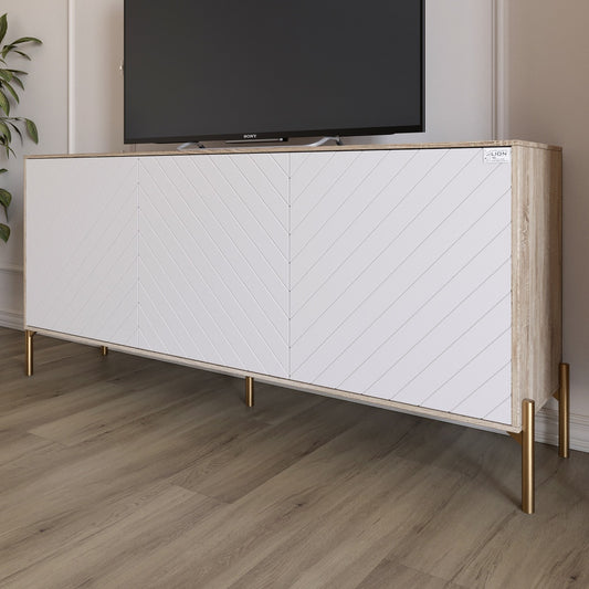 Тумба под телевизор с золотыми металлическими ножками LION Амарант 168x40x76,5 см Дуб сонома/Белый (LION-043067)