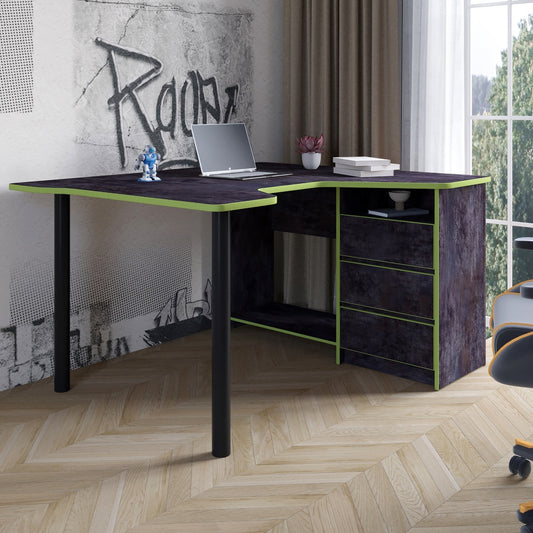 Геймерский компьютерный стол LION Буст угловой с ящиками Бетон темный/Зеленый (LION-041466)