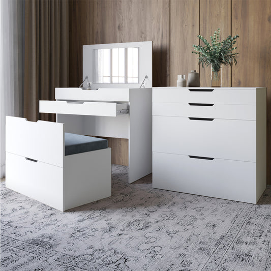 Комод-трюмо с зеркалом, нишей под сиденьем и ящиком LION Азия Нимфея Альба (белый) (LION-041673) ТОП