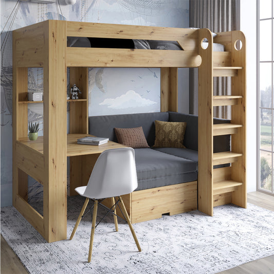 Детская двухъярусная кровать LION Флай 90х190 см со встроенным столом Дуб Артизан/Лили-95 (LION-041638)