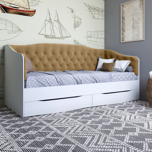 Кровать детская односпальная LION Л-9 с мягкой спинкой и выдвижными ящиками 190x90 см Нимфея Альба (белый)/Лили-02 (LION-041480)