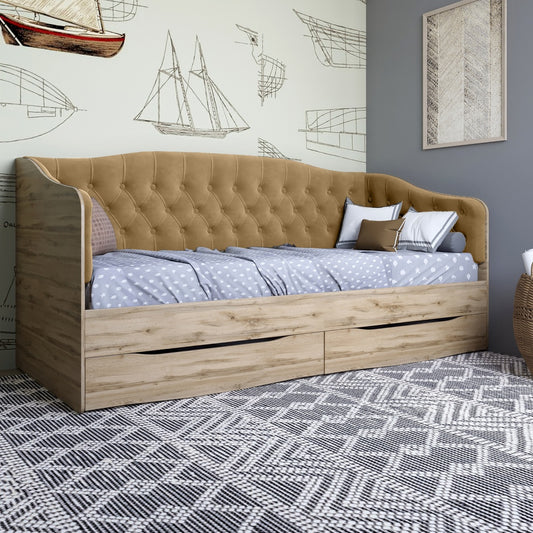 Кровать детская односпальная LION Л-9 с мягкой спинкой и выдвижными ящиками 190x90 см Дуб Аппалачи/Лили-02 (LION-041470)