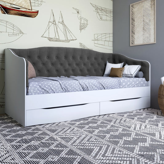 Кровать детская односпальная LION Л-9 с мягкой спинкой и выдвижными ящиками 190x90 см Нимфея Альба (белый)/Лили-95 (LION-041494)