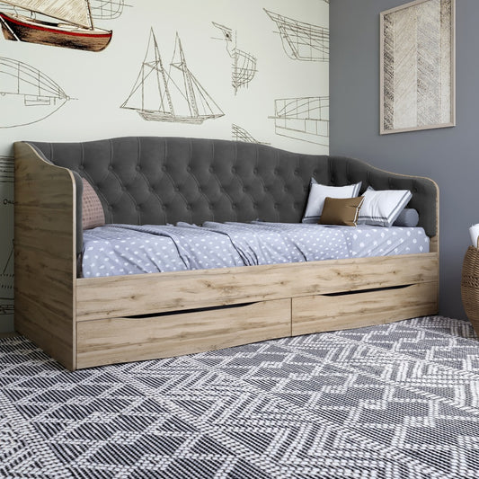 Кровать детская односпальная LION Л-9 с мягкой спинкой и выдвижными ящиками 190x90 см Дуб Аппалачи/Лили-95 (LION-041488)