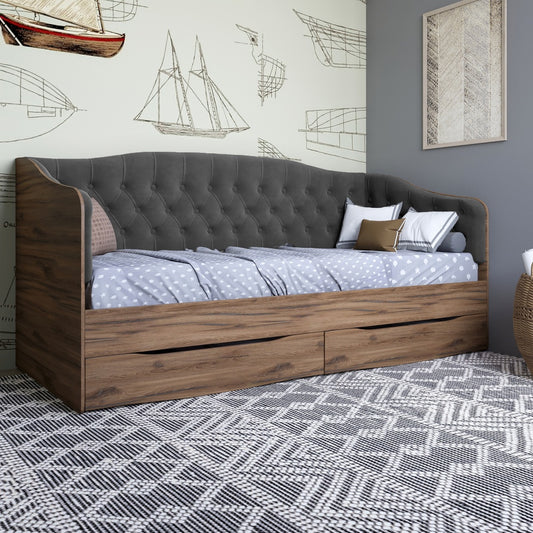 Кровать детская односпальная LION Л-9 с мягкой спинкой и выдвижными ящиками 190x90 см Дуб Ливорно/Лили-95 (LION-041490)