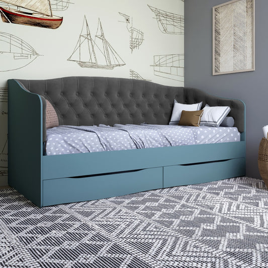 Кровать детская односпальная LION Л-9 с мягкой спинкой и выдвижными ящиками 190x90 см Гранит серый/Лили-95 (LION-041487)