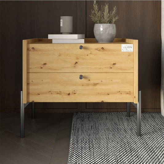 Тумба прикроватная LION Wood с двумя ящиками Дуб Артизан (черные ножки) (LION-041348)