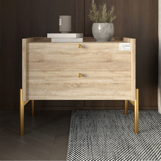 Тумба прикроватная LION Wood с двумя ящиками Дуб Сонома (золотые ножки) (LION-041351)