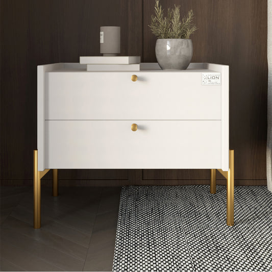 Тумба прикроватная LION Wood с двумя ящиками Нимфея Альба (белый) (золотые ножки) (LION-041357) ТОП