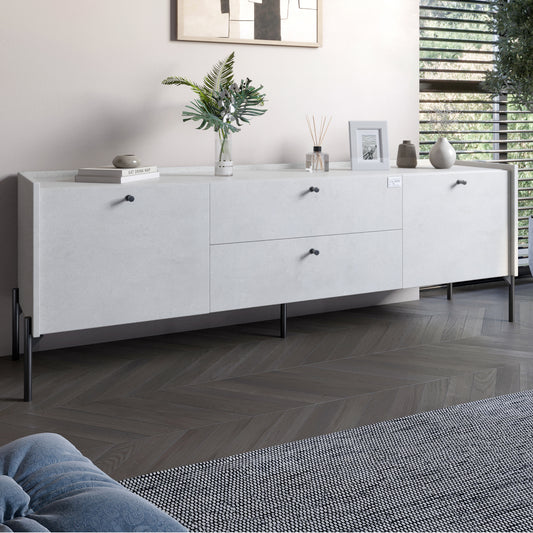 Тумба под телевизор с ящиками LION Wood с черными ножками 160х65х40 см Бетон style (LION-043123)