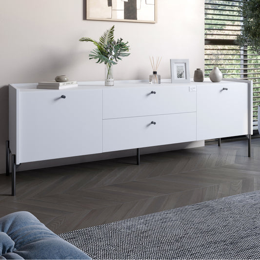 Тумба под телевизор с ящиками LION Wood с черными ножками 160х65х40 см Нимфея Альба (белый) (LION-043132)