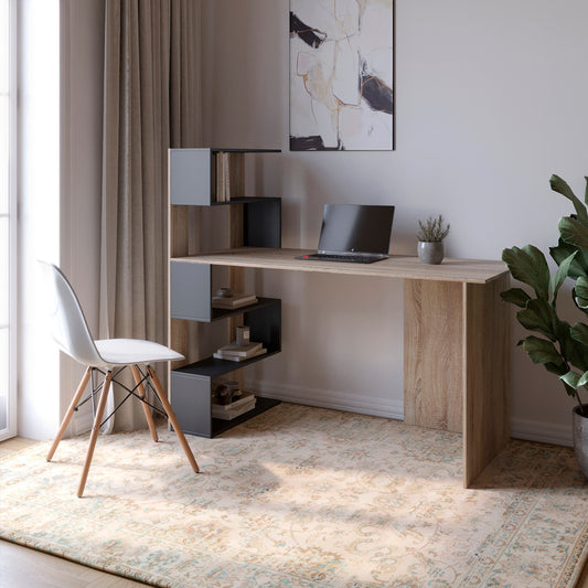 Cтол компьютерный с полками М-ЗОН Джеко 1416L левый Сонома/Антрацит (MZN-031027)