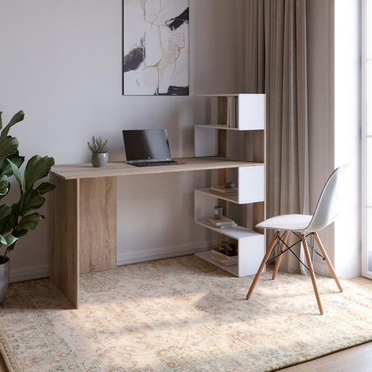 Cтол компьютерный с полками М-ЗОН Джеко 1416P правый Сонома/Нимфея Альба (белый) (MZN-031029)