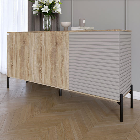 Комод закрыт в гостиную на черных металлических ножках LION Грей 154x38x76,5 см Дуб сонома трюфель/Кашемир (LION-041811)