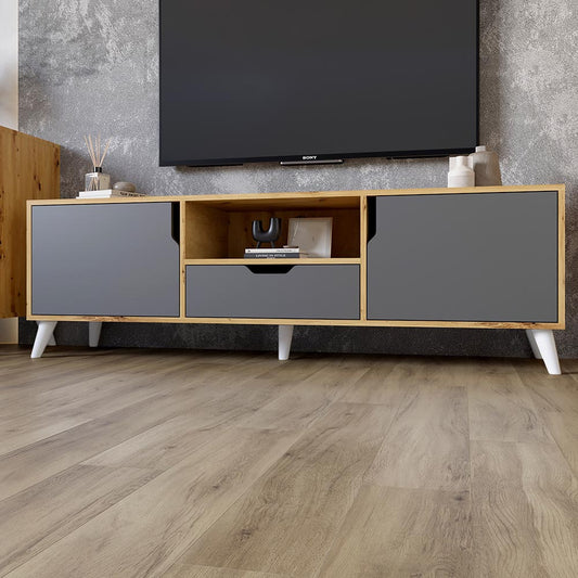 Тумба под телевизор с белыми ножками М-ЗОН Борн 1600 Дуб артизан/Антрацит (MZN-031076)