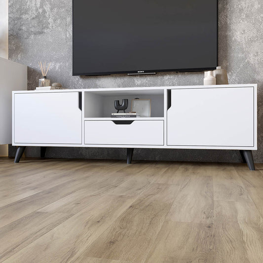 Тумба под телевизор с черными ножками М-ЗОН Борн 1600 Нимфея Альба (белый) (MZN-031086)