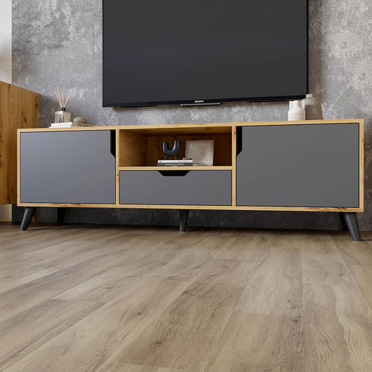 Тумба под телевизор с черными ножками М-ЗОН Борн 1600 Дуб артизан/Антрацит (MZN-031077)