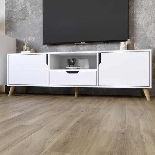 Тумба под телевизор с ножками в цвете Орех светлый М-ЗОН Борн 1600 Нимфея Альба (белый) (MZN-031087)