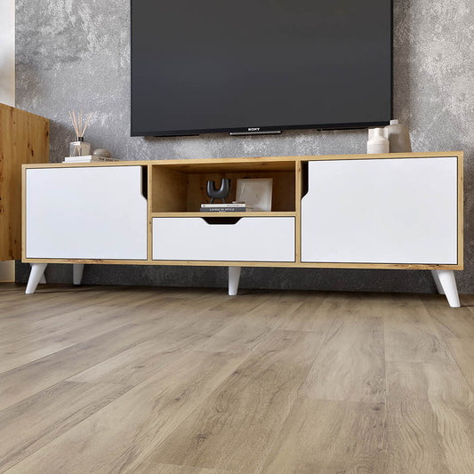 Тумба под телевизор с белыми ножками М-ЗОН Борн 1600 Дуб Артизан/Нимфея Альба (белый) (MZN-031079)