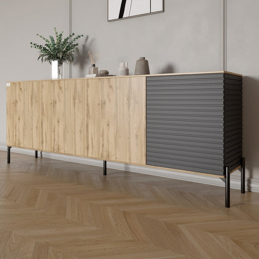 Комод в гостиную на черных металлических ножках LION Грей 204x38x76,5 см Дуб Аппалачи/Асфальт (LION-042459)