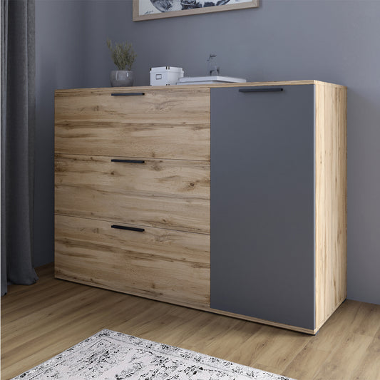 Комод LION Краш с тремя выдвижными ящиками и закрытыми полками Дуб аппалачи/Антрацит (LION-044154)