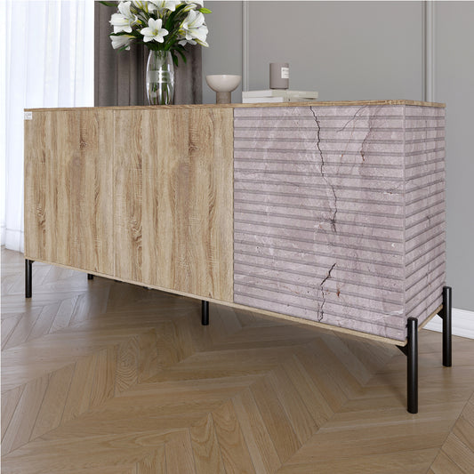 Комод закрыт в гостиную на черных металлических ножках LION Грей 154x38x76,5 см Дуб сонома трюфель/Камень (LION-041796)