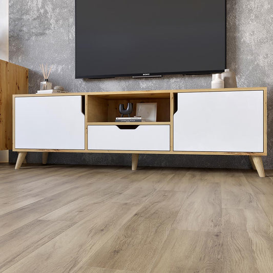 Тумба под телевизор с ножками в цвете Орех светлый М-ЗОН Борн 1600 Дуб Артизан/Нимфея Альба (белый) (MZN-031081)