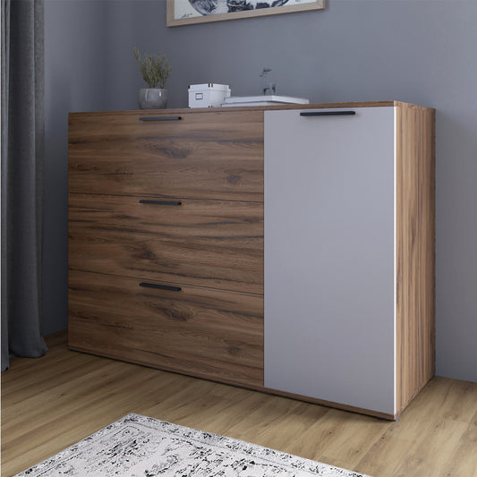 Комод LION Краш с тремя выдвижными ящиками и закрытыми полками Дуб ливорно/Кашемир (LION-044156)