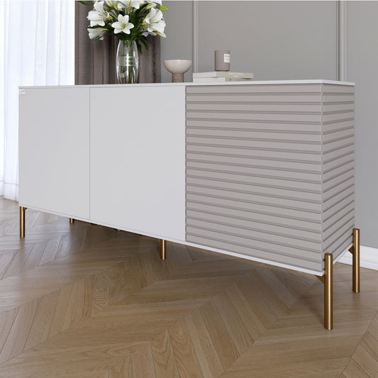 Комод закрытый в гостиную на золотых металлических ножках LION Грей 154x38x76,5 см Нимфея Альба (белый)/Кашемир (LION-041874)