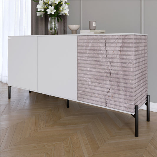 Комод закрыт в гостиную на черных металлических ножках LION Грей 154x38x76,5 см Нимфея Альба (белый)/Камень (LION-041799)