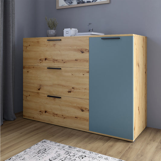 Комод LION Краш с тремя выдвижными ящиками и закрытыми полками Дуб артизан/Гранит серый (LION-044158)