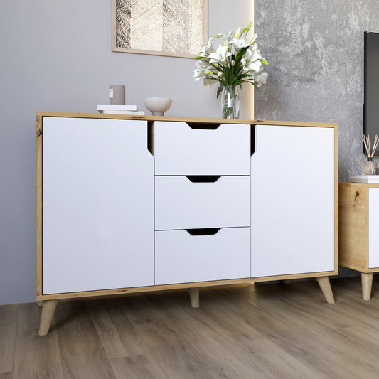 Комод в гостиную с ножками в цвете Орех светлый М-ЗОН Борн 1200 Дуб артизан/Нимфея Альба (белый) (MZN-031094)