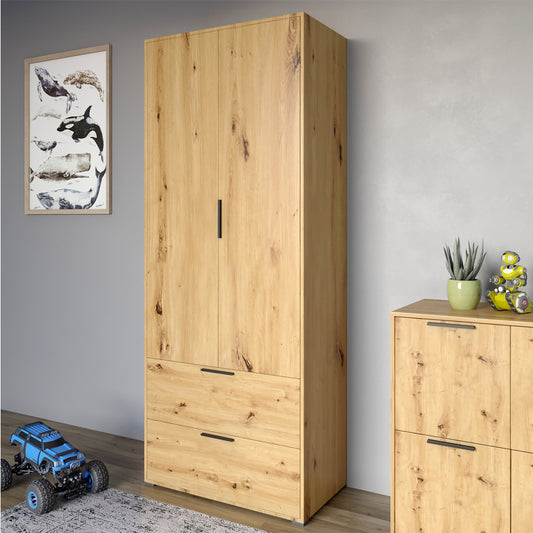 Шкаф распашный двухдверный LION Краш с 2 ящиками Дуб артизан (LION-044019)