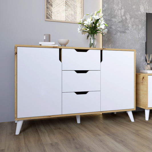 Комод в гостиную с белыми ножками М-ЗОН Борн 1200 Дуб артизан/Нимфея Альба (белый) (MZN-031095)