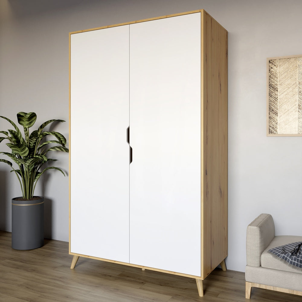 Шкаф двухдверный с ножками цвета светлый орех М-ЗОН Борн 1200 Дуб Артизан/Нимфея Альба (белый) (MZN-031058)