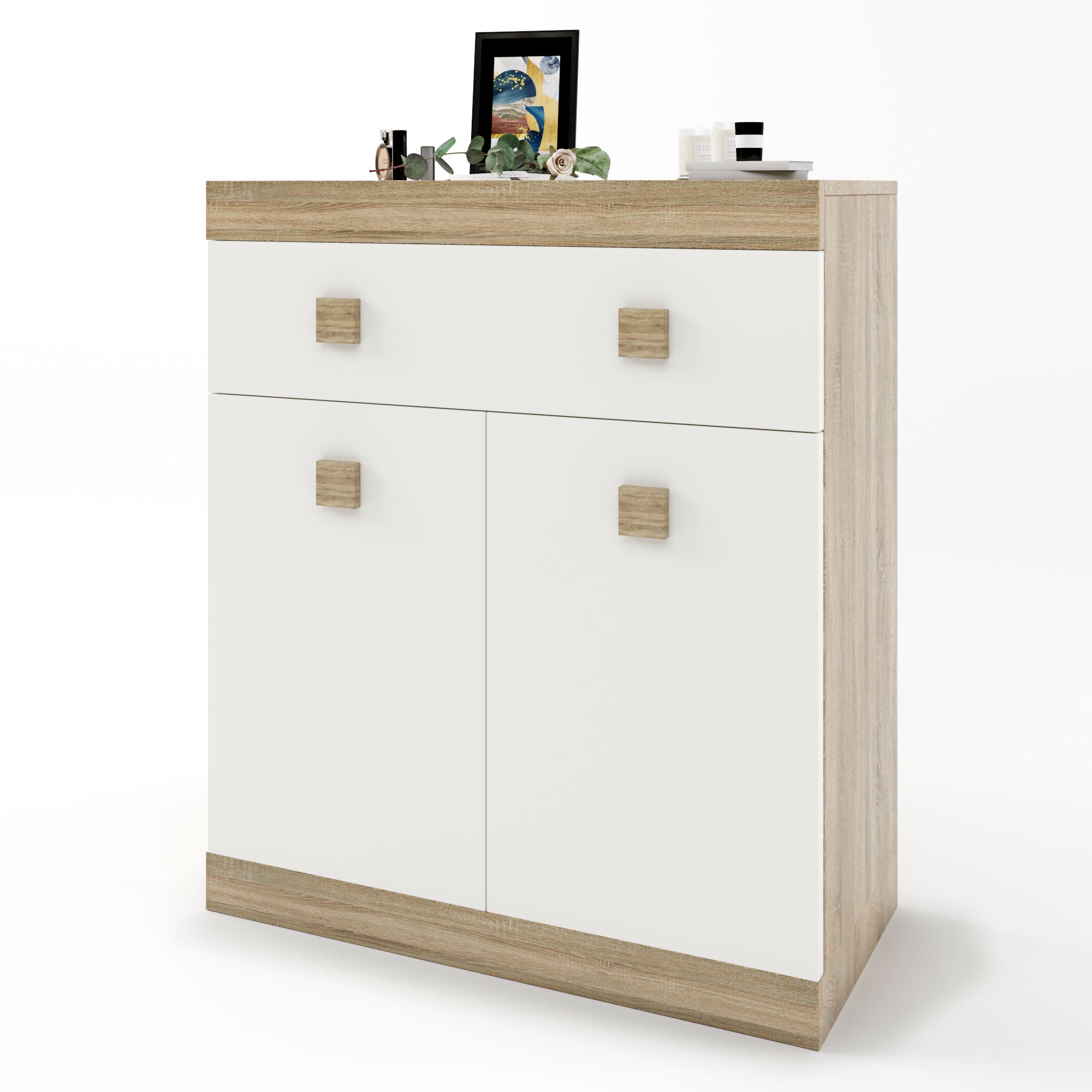 Комод с дверями и ящиком Эверест Соната-4 80х38х94 дуб сонома + белый (DTM-2065)