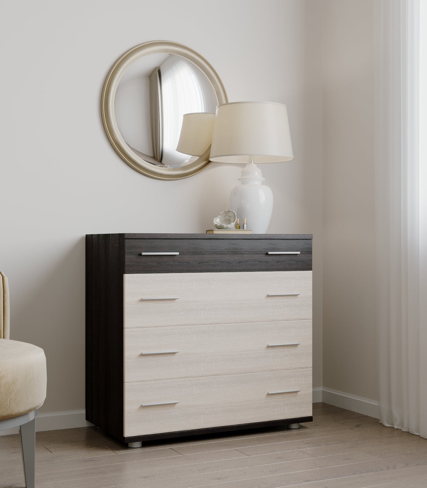 Маленький комод Эверест на 4 ящика К-1 80х45х73 венге темный + дуб молочный (телескопы) (DTM-2443)