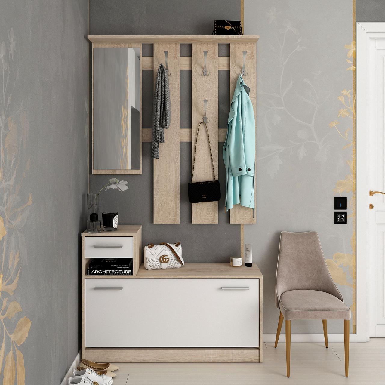 Прихожая с зеркалом Doros Alice 100х25х182,9 см Белый/Дуб cонома (DRS-011331)