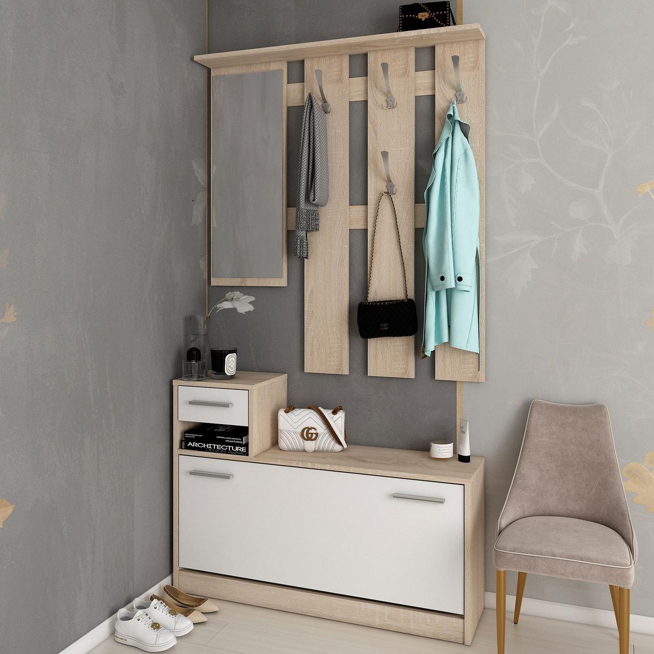 Прихожая с зеркалом Doros Alice 100х25х182,9 см Белый/Дуб cонома (DRS-011331)